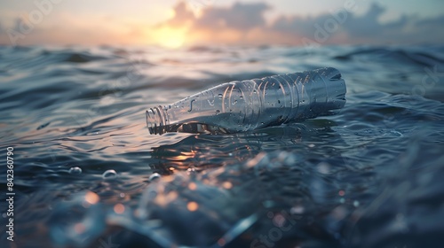 Floating plastic bottle in the sea, symbolizing the environmental impact of plastic waste photo