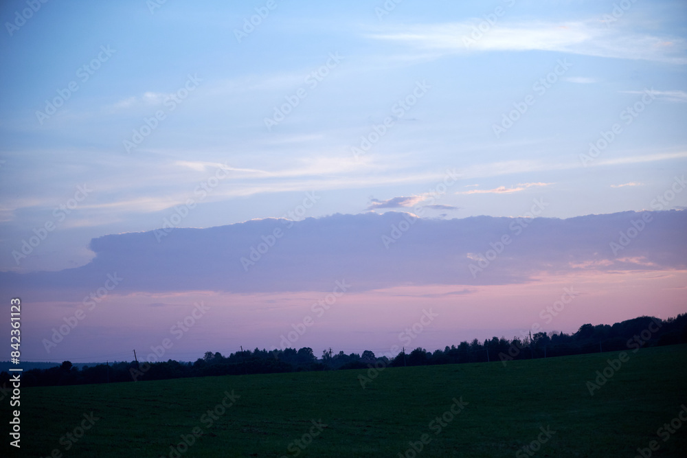 Fototapeta premium sunset view of the pink grey sky and trees before a thunderstorm