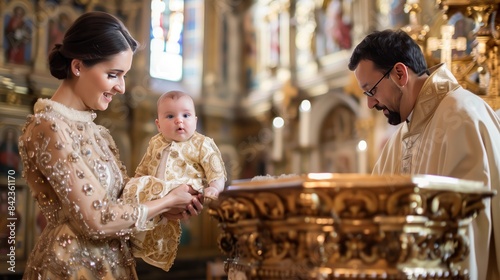 In a historic church, a baby in ceremonial attire is held by the godmother while a priest blesses the child. photo