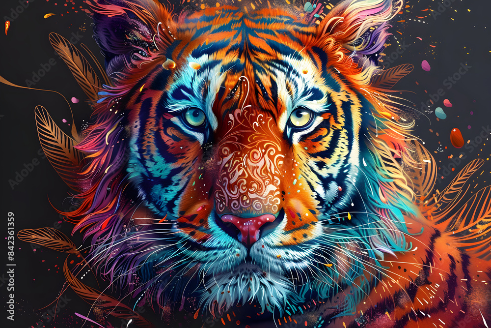 Beautiful Tiger Colorful Illustration. Intricate Details, Children's Book Illustration Style. Created with Generative AI Beautiful Tiger Colorful Illustration. Intricate Details, Children's Book Illustration Style. Created with Generative AI