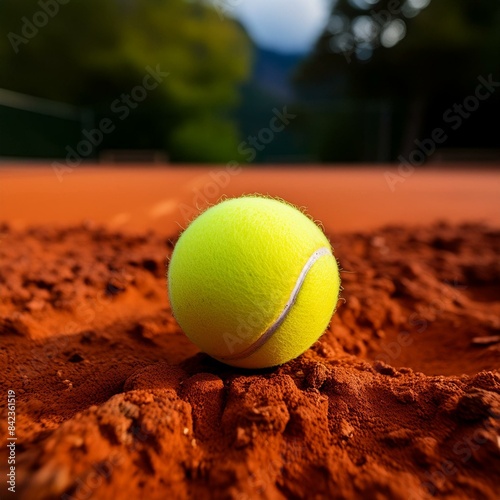 Close-up of tennis ball on red clay tennis court surface. The color palette is vibrant, with sharp contrast drawing attention to the tennis ball.