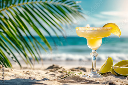 a glass with a drink on the beach photo