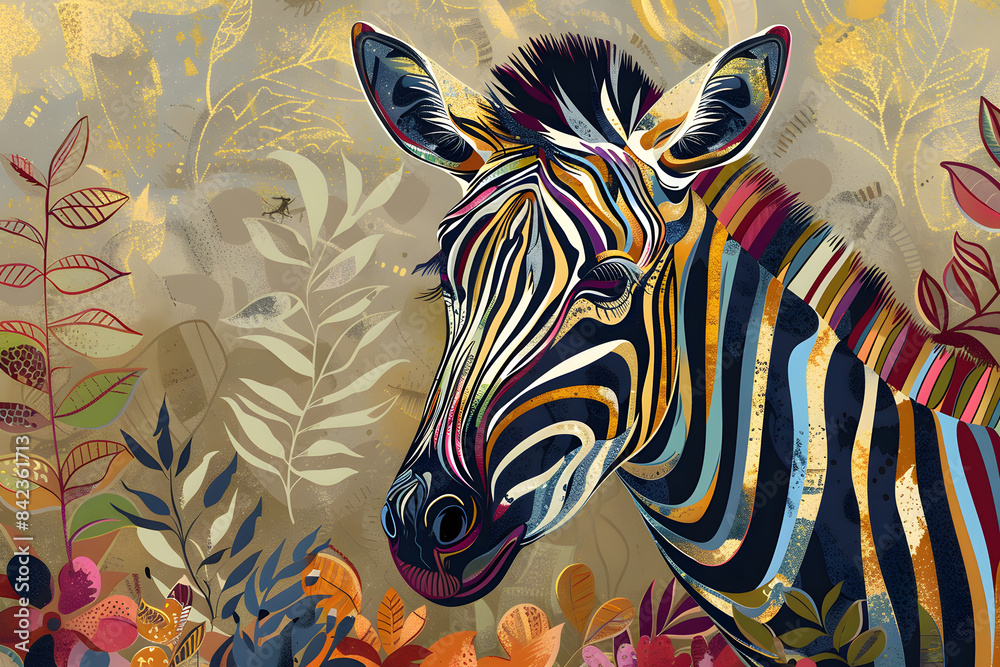 Beautiful Zebra Colorful Illustration. Intricate Details, Children's Book Illustration Style. Created with Generative AI Beautiful Zebra Colorful Illustration. Intricate Details, Children's Book Illustration Style. Created with Generative AI