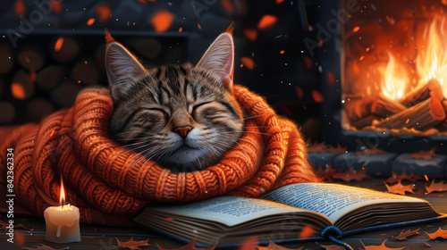 Cozy Cat Wrapped in Warm Blanket by Fireplace With Open Book and Candle - Serene Relaxation Scene - Ai Generated