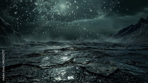 Empty terrain, covered with splintered glass, lifeless and ominous, with strange bubbles ascending into the dark sky photo