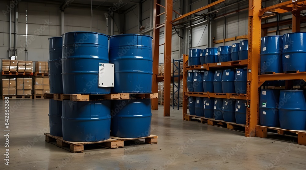barrels on pallets in the warehouse two blue barrels in a wherehouse with chemical products.generative.ai barrels on pallets in the warehouse two blue barrels in a wherehouse with chemical products.generative.ai