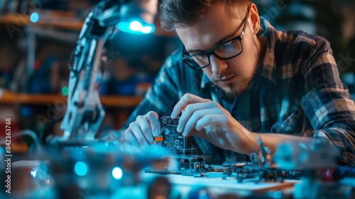 Close-up shot of a person intently working on an electronic circuit board with tools around