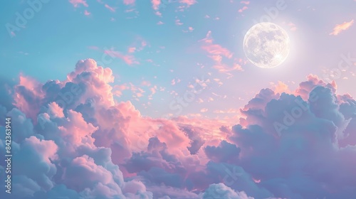 In summer the sky embraces fluffy clouds against a mesmerizing backdrop with the radiant full moon outshining the sun photo