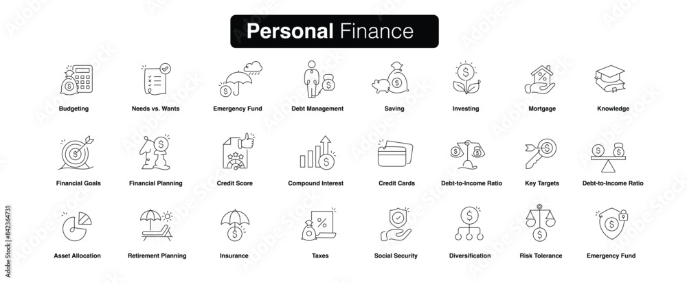 Personal Finance Icons. Financial Fitness Icons: Mastering Your Money with Simple Symbols. Editable Stroke Icons. Personal Finance Icons. Financial Fitness Icons: Mastering Your Money with Simple Symbols. Editable Stroke Icons.