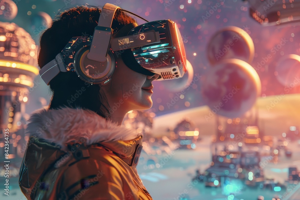 a girl using vr glasses surrounded by futuristic and fantasy cities landscape view bokeh style background a girl using vr glasses surrounded by futuristic and fantasy cities landscape view bokeh style background