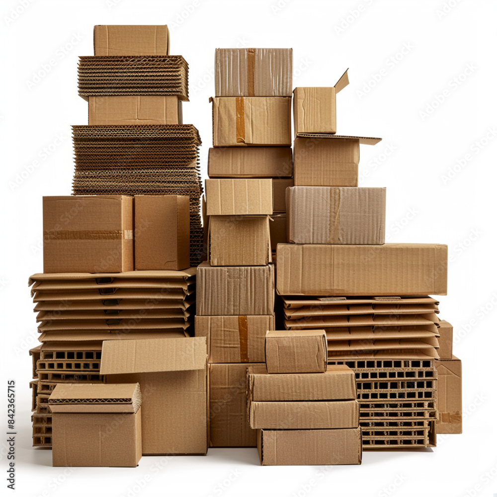 A stack of brown corrugated cardboard boxes of different sizes, The boxes are stacked neatly and securely. A stack of brown corrugated cardboard boxes of different sizes, The boxes are stacked neatly and securely.