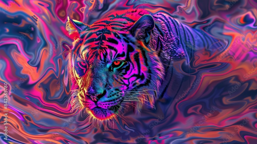 Fototapeta Neonlit tiger, Psychedelic, Bright Colors, Digital Art, Dynamic background with swirling patterns