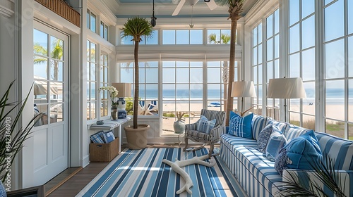 A coastal-themed sunroom with nautical decor, blue and white stripes, and large windows offering a view of the beach photo