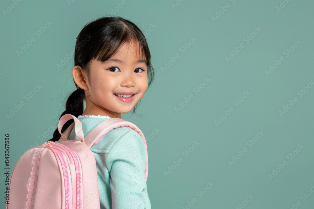 Happy young girl with pink backpack smiling against a green background Happy young girl with pink backpack smiling against a green background