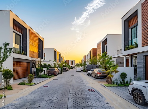 New modern minimalist townhouses in Dubai at sunset, white walls and wooden accents