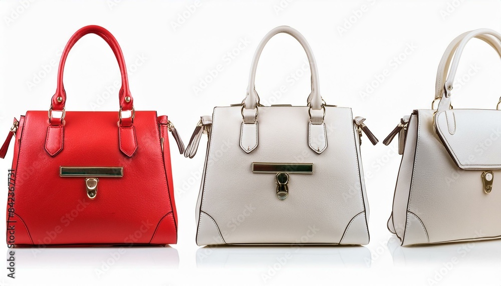 bag and bags set collection of stylish women handbag purse, red and white leather, different colors and style, luxury elegant ladies hand bags isolated on white png transparent background