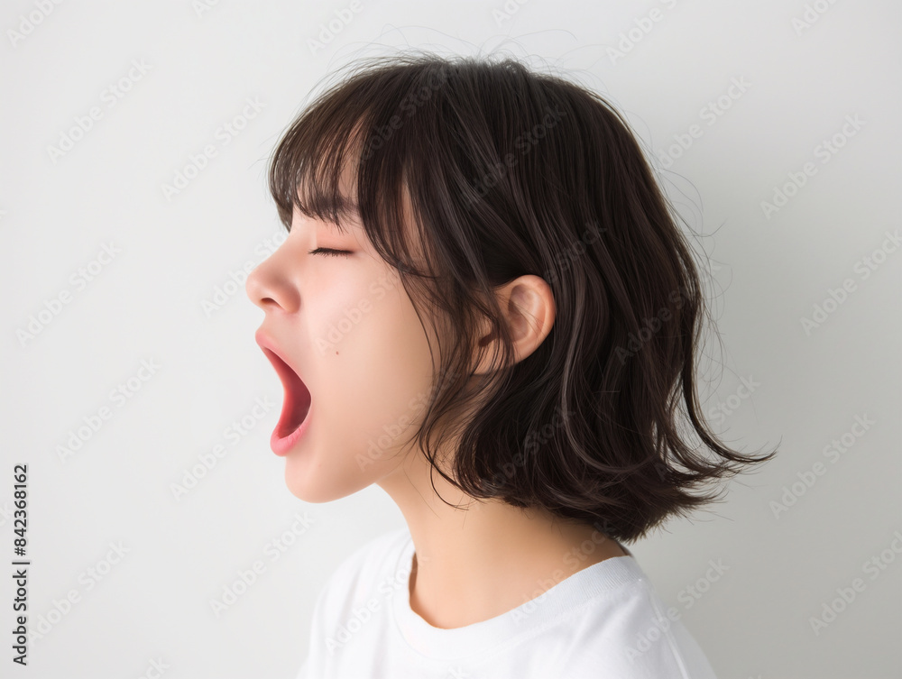 口を大きく開けるアジア人女性の横顔