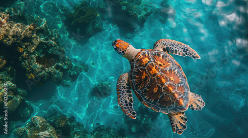 A majestic sea turtle gliding through clear blue waters