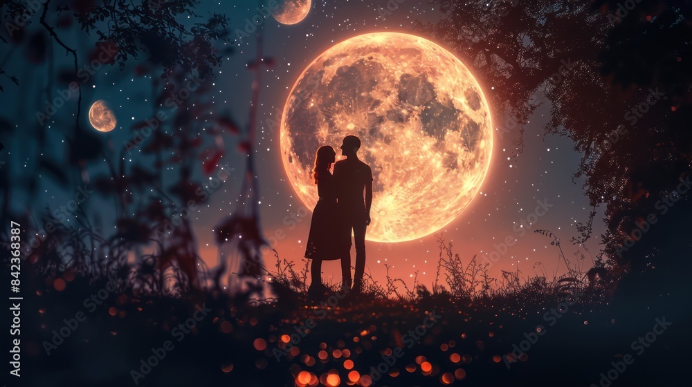 Romantic Couple Embracing Under the Moonlight During Fall Romantic Couple Embracing Under the Moonlight During Fall