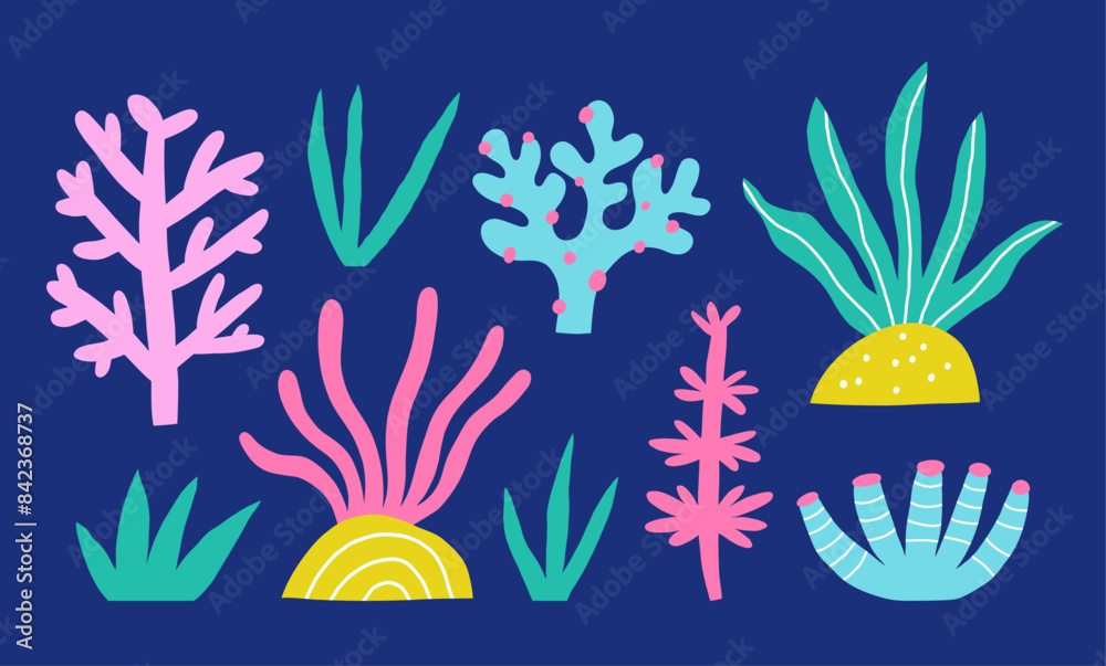 Seaweed set in hand drawn style. Collection of colored underwater plants. Seaweed set in hand drawn style. Collection of colored underwater plants.