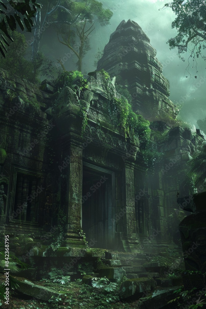The ruins of an ancient temple hidden in the dense forest. The ruins of an ancient temple hidden in the dense forest.