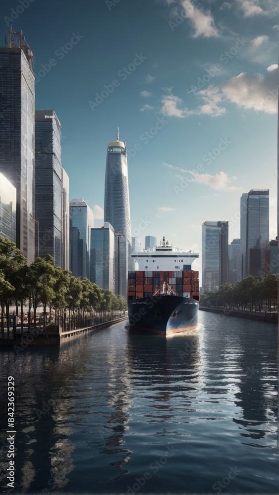 Obraz premium Rendering of a container ship entering a port amidst tall skyscrapers and urban hustle and bustle