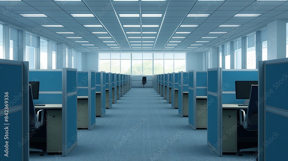 A symmetrical view of an empty office cubicle environment with blue partitions and carpeted floors