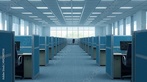 Obraz na płótnie A symmetrical view of an empty office cubicle environment with blue partitions and carpeted floors w salonie