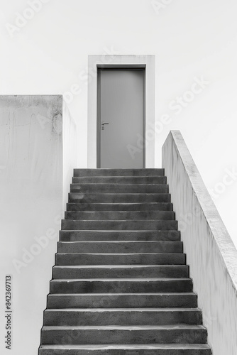 Plain door at the top of a simple, minimalist staircase. The steps are clean lines, and the background is a solid color, emphasizing the ascent to the door