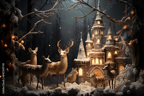 Christmas card with deer on a background of a winter landscape. 3d rendering © Michelle