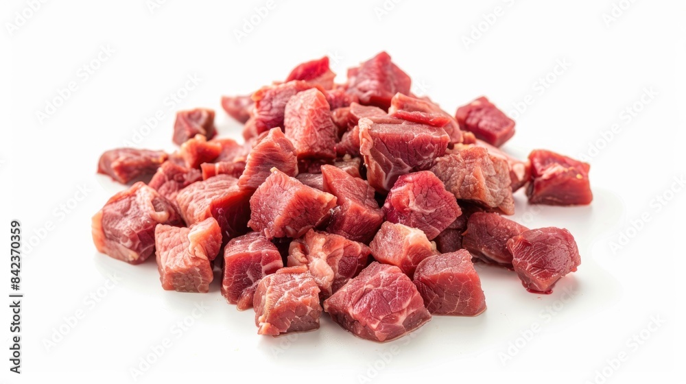 Heap of beef pieces on a white background raw diced beef ideal for goulash pieces of meat with marbling of fat Heap of beef pieces on a white background raw diced beef ideal for goulash pieces of meat with marbling of fat