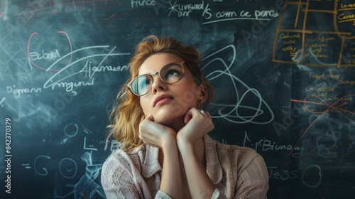 Woman Daydreaming in Front of a Chalkboard