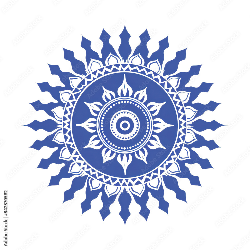 A blue and white mandala with intricate patterns. The design is symmetrical and features a central circle surrounded by radiating spokes. A blue and white mandala with intricate patterns. The design is symmetrical and features a central circle surrounded by radiating spokes.