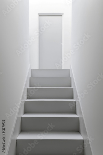 Plain door at the top of a simple  minimalist staircase. The steps are clean lines  and the background is a solid color  emphasizing the ascent to the door