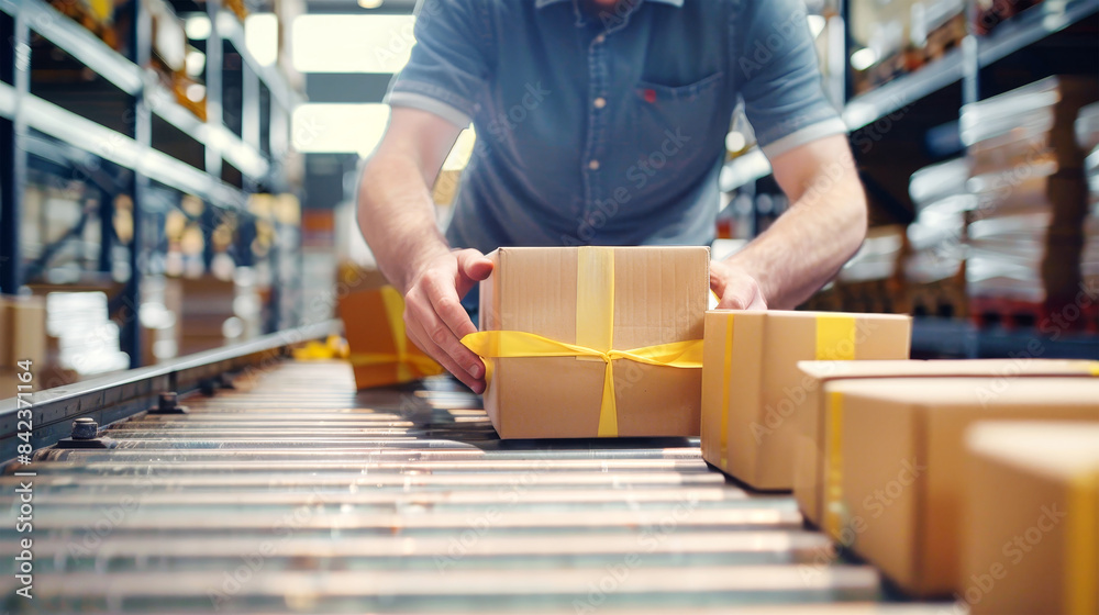 Fototapeta premium A man is holding a box tied with a yellow ribbon