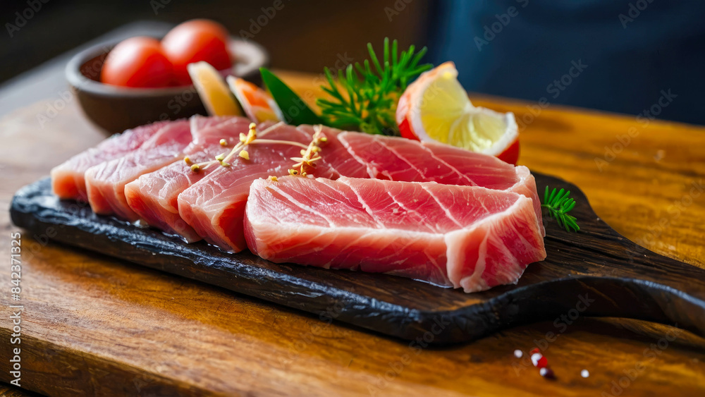 Close up of fresh raw tuna fillet steak and sashimi on wooden board background, delicious food for dinner Close up of fresh raw tuna fillet steak and sashimi on wooden board background, delicious food for dinner