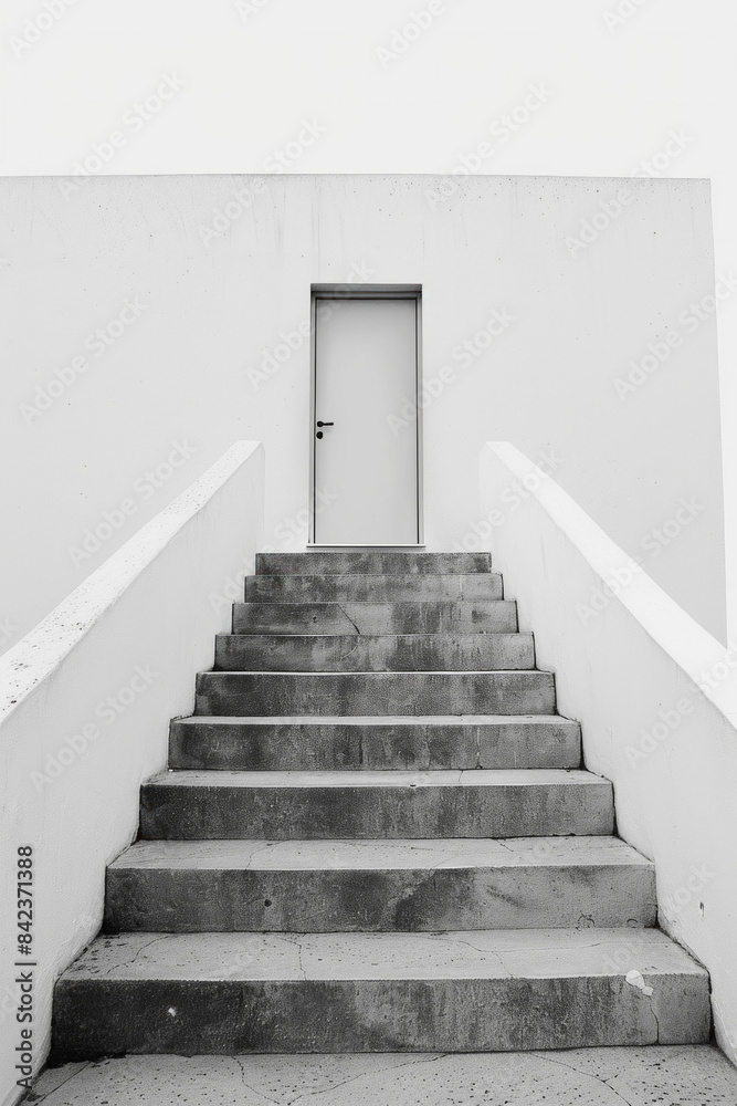 Plain door at the top of a simple, minimalist staircase. The steps are clean lines, and the background is a solid color, emphasizing the ascent to the door Plain door at the top of a simple, minimalist staircase. The steps are clean lines, and the background is a solid color, emphasizing the ascent to the door