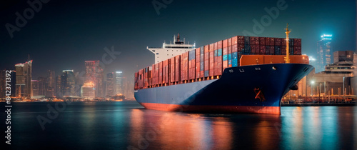 Wallpaper Mural Rendering of a container ship entering a port amidst tall skyscrapers and urban hustle and bustle Torontodigital.ca
