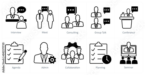 A set of 10 meeting icons as interview, meet, consulting