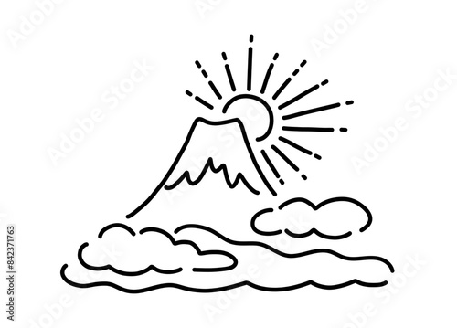 Simple illustration of Mt. Fuji and the first sunrise (black and white)_シンプルな富士山と初日の出のイラスト（白黒）