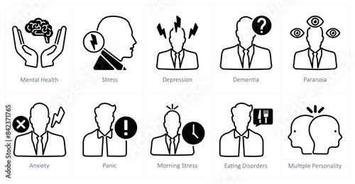 A set of 10 mental health icons as mental health, stress, depression