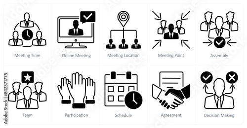 A set of 10 meeting icons as meeting time, online meeting, meeting location