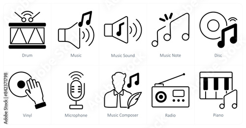 A set of 10 music icons as drum, music, music sound