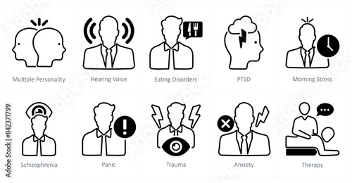 A set of 10 mental health icons as multiple personality, hearing voice, eating disorders