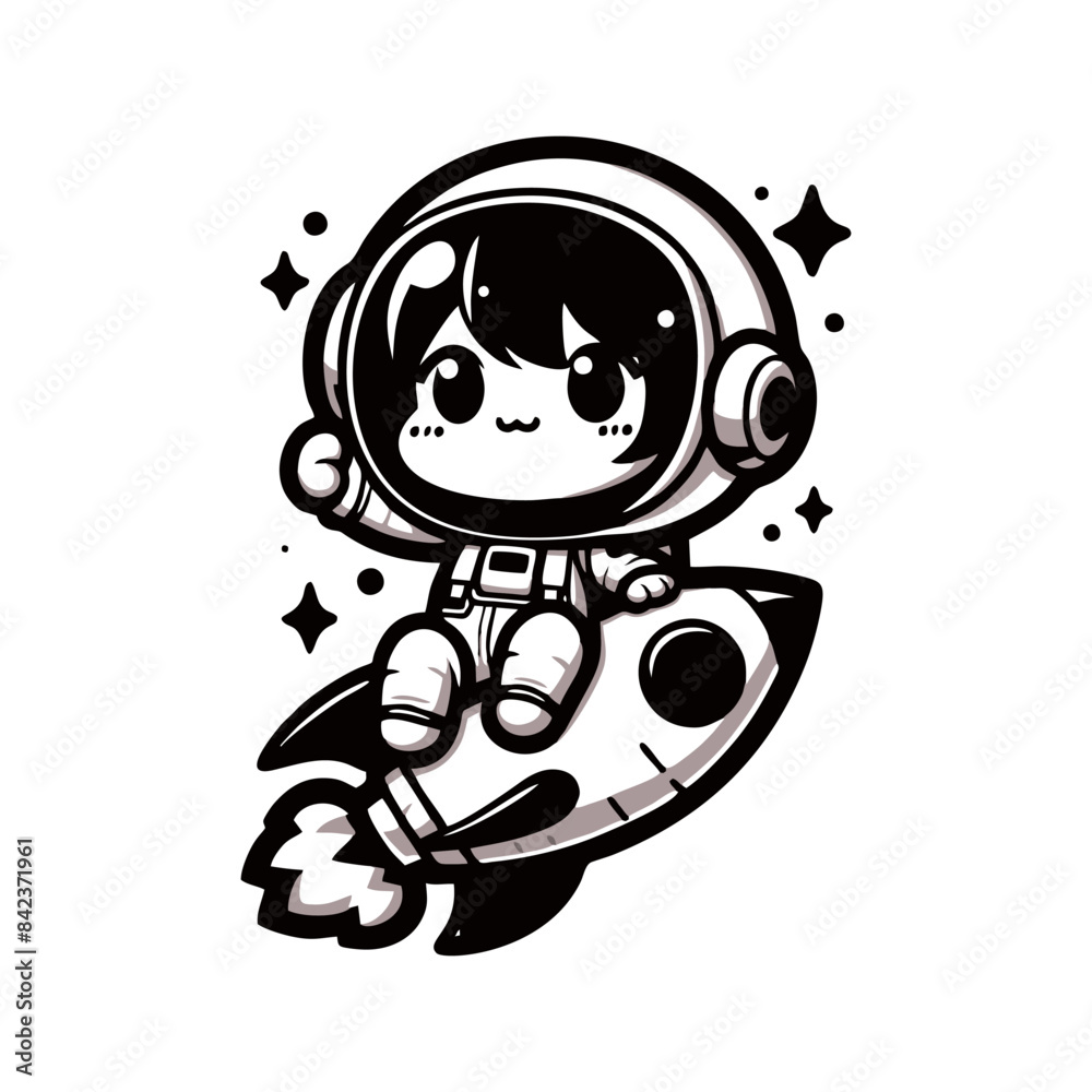 Obraz premium Cute Astronaut Girl Riding Rocket And Waving Hand Cartoon Icon Illustration. Cute Girl Astronaut logo mascot