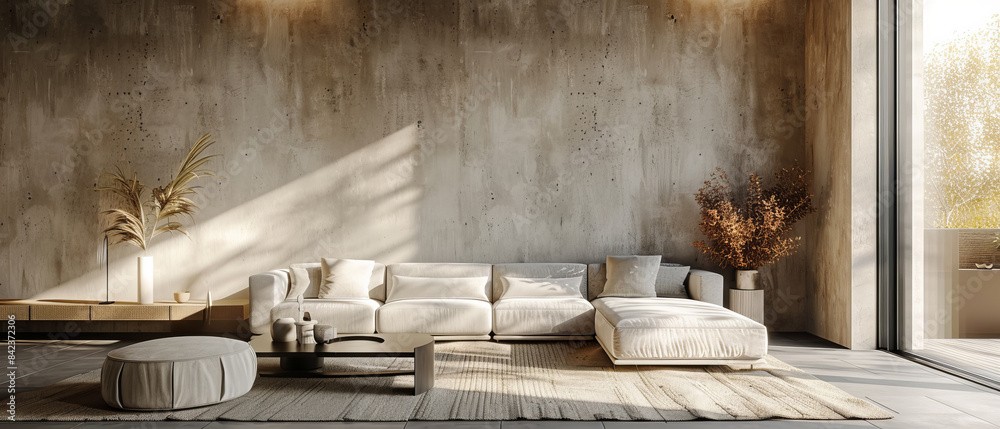 A modern living room with a beige wall and a white sofa, minimal decor A modern living room with a beige wall and a white sofa, minimal decor