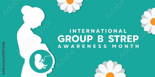 International Group B Strep Awareness Month. Pregnant woman and flowers. Great for cards, banners, posters, social media and more. Green background.  photo