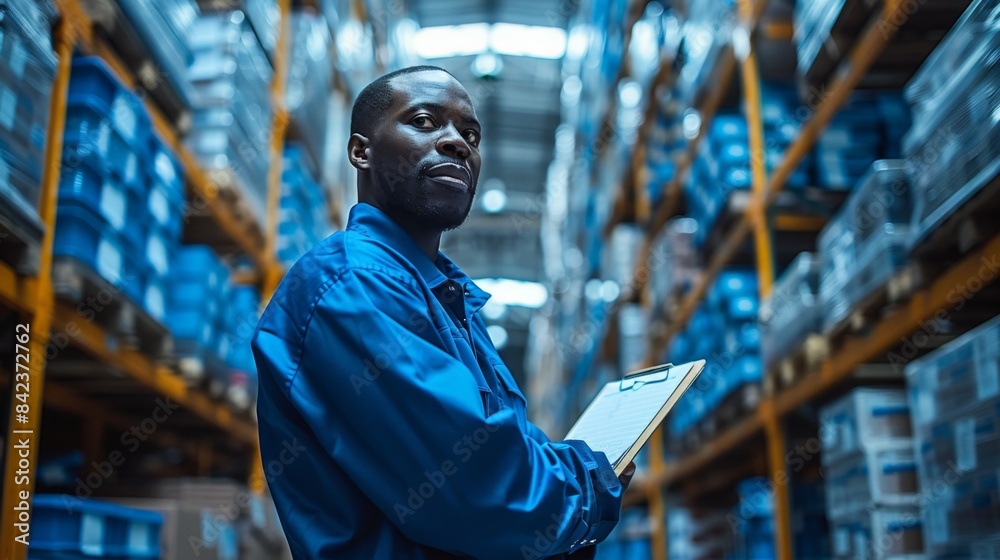 Warehouse Worker Managing Inventory in Storage Facility