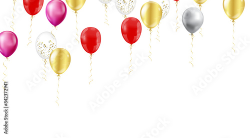 An array of vibrant balloons, confetti, and streamers float elegantly, suggesting a festive and celebratory mood