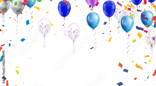 An array of vibrant balloons, confetti, and streamers float elegantly, suggesting a festive and celebratory mood